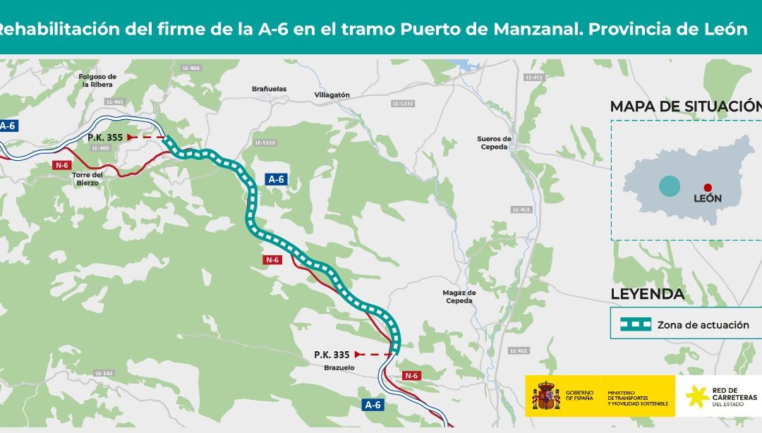Transportes licita por 14,8 millones de euros la rehabilitación del firme de la A-6 en el Puerto de Manzanal